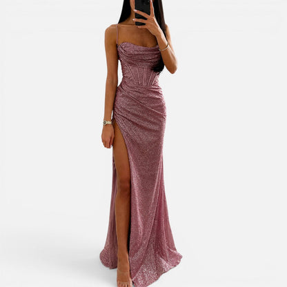 Glitter maxi dress with leg slit and spaghetti straps