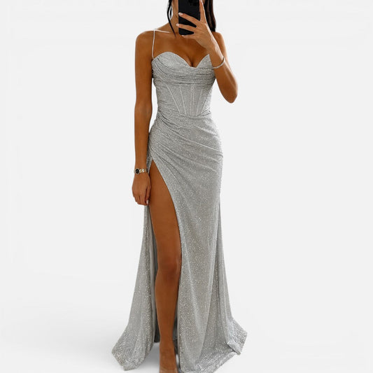 Glitter maxi dress with leg slit and spaghetti straps