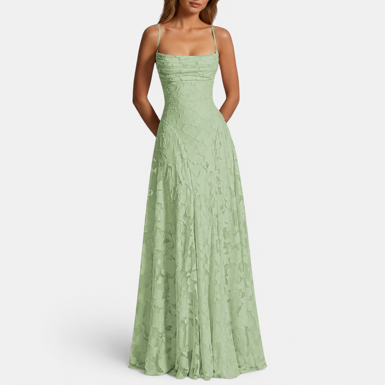 Women's maxi dress with spaghetti straps and flared skirt