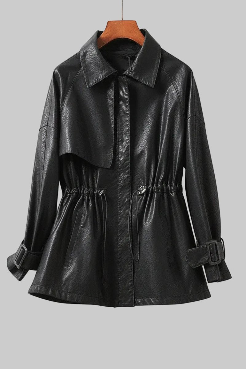 Genuine Sheepskin Black Leather Jacket for Women with Cinched Waist and Pockets 0