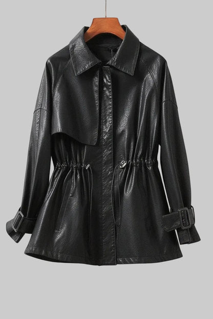 Genuine Sheepskin Black Leather Jacket for Women with Cinched Waist and Pockets 0