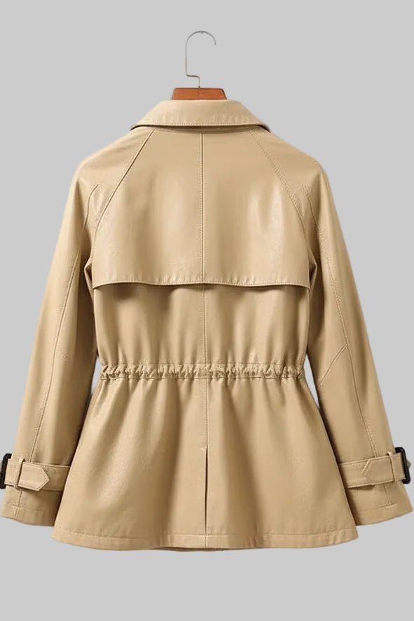 Genuine Sheepskin Black Leather Jacket for Women with Cinched Waist and Pockets 3