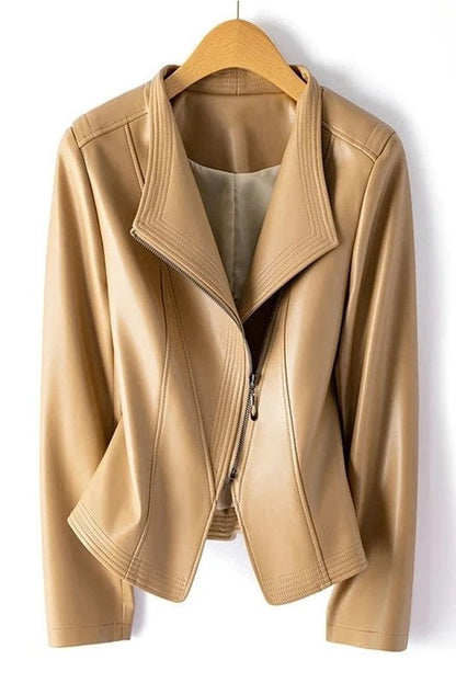 Marcella - Women's Genuine Leather Jacket with Asymmetrical Zip & V-Collar 5