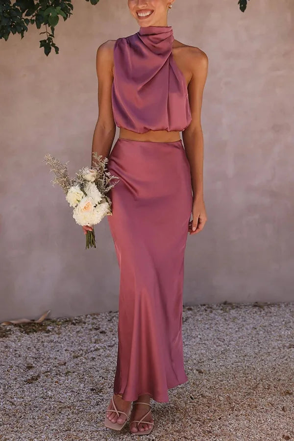 Women's Maxi Dress | Satin Halter Dress with Luxurious Sheen