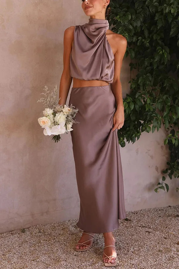 Women's Maxi Dress | Satin Halter Dress with Luxurious Sheen