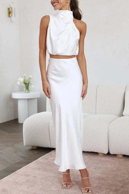 Women's Maxi Dress | Satin Halter Dress with Luxurious Sheen