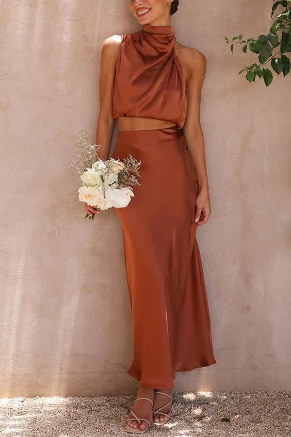Women's Maxi Dress | Satin Halter Dress with Luxurious Sheen