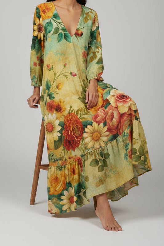 Samantha - Women's Vintage Boho V-Neck Maxi Dress for Summer Elegance 0