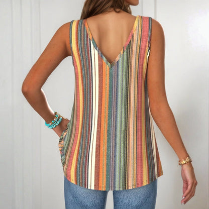 Women's Top | Colorful Stripes & V-Neck with Button Detail