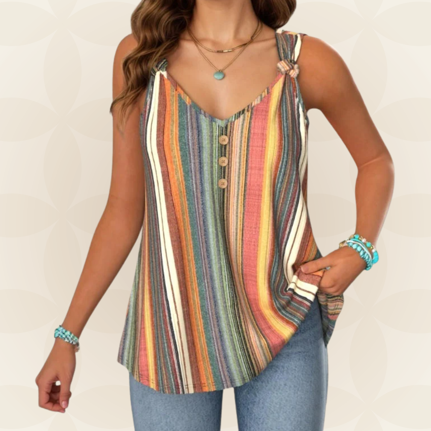 Women's Top | Colorful Stripes & V-Neck with Button Detail