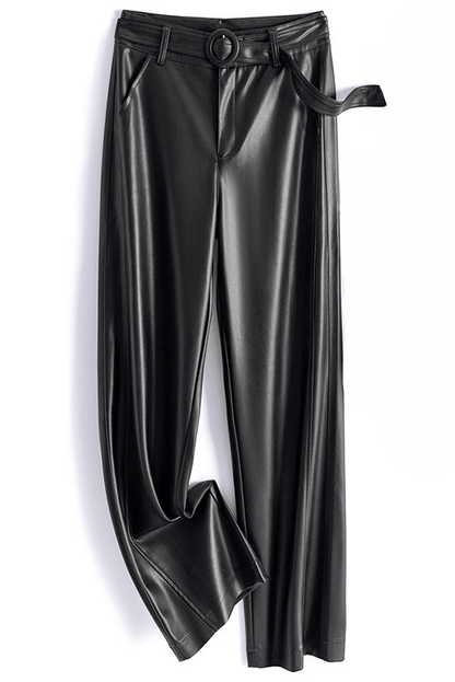 Vivian Sheepskin Leather Pants - Straight-Leg Design with Circular Buckle 0
