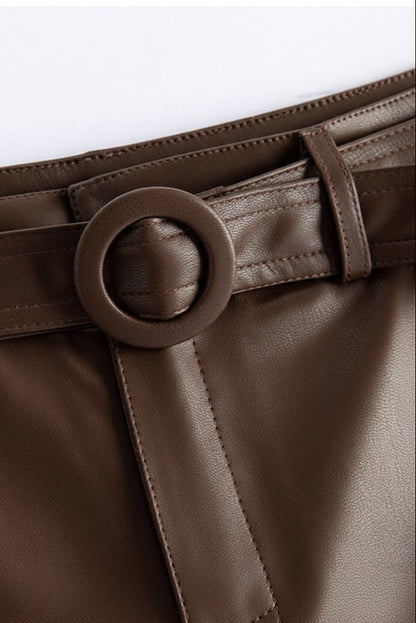 Vivian Sheepskin Leather Pants - Straight-Leg Design with Circular Buckle 7