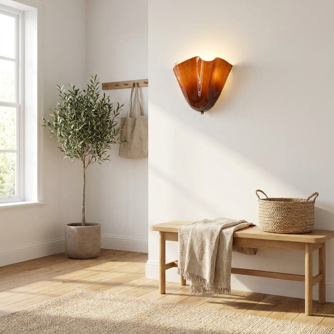 Sculpted Amber Glass Sconce for Glare-Free Warmth