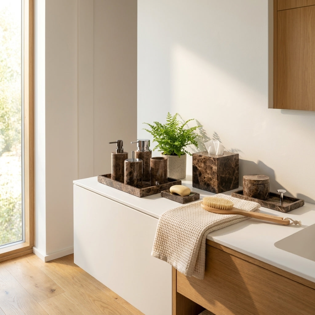 Dark Marble Vanity Set for Clutter-Free Countertops
