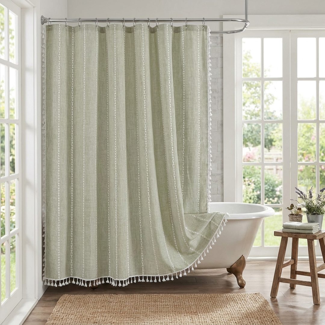 Tasseled Linen Shower Curtain for a Drier Bathroom