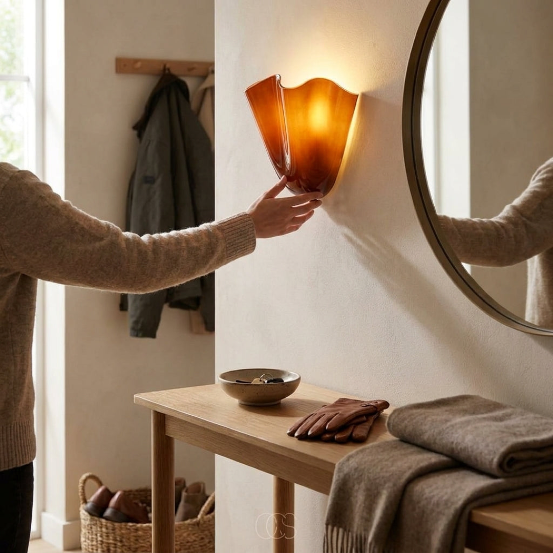 Sculpted Amber Glass Sconce for Glare-Free Warmth