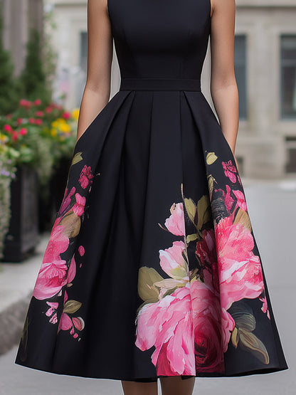Danica | Women's Elegant Floral A-Line Wedding Guest Midi Dress with Pleated Skirt