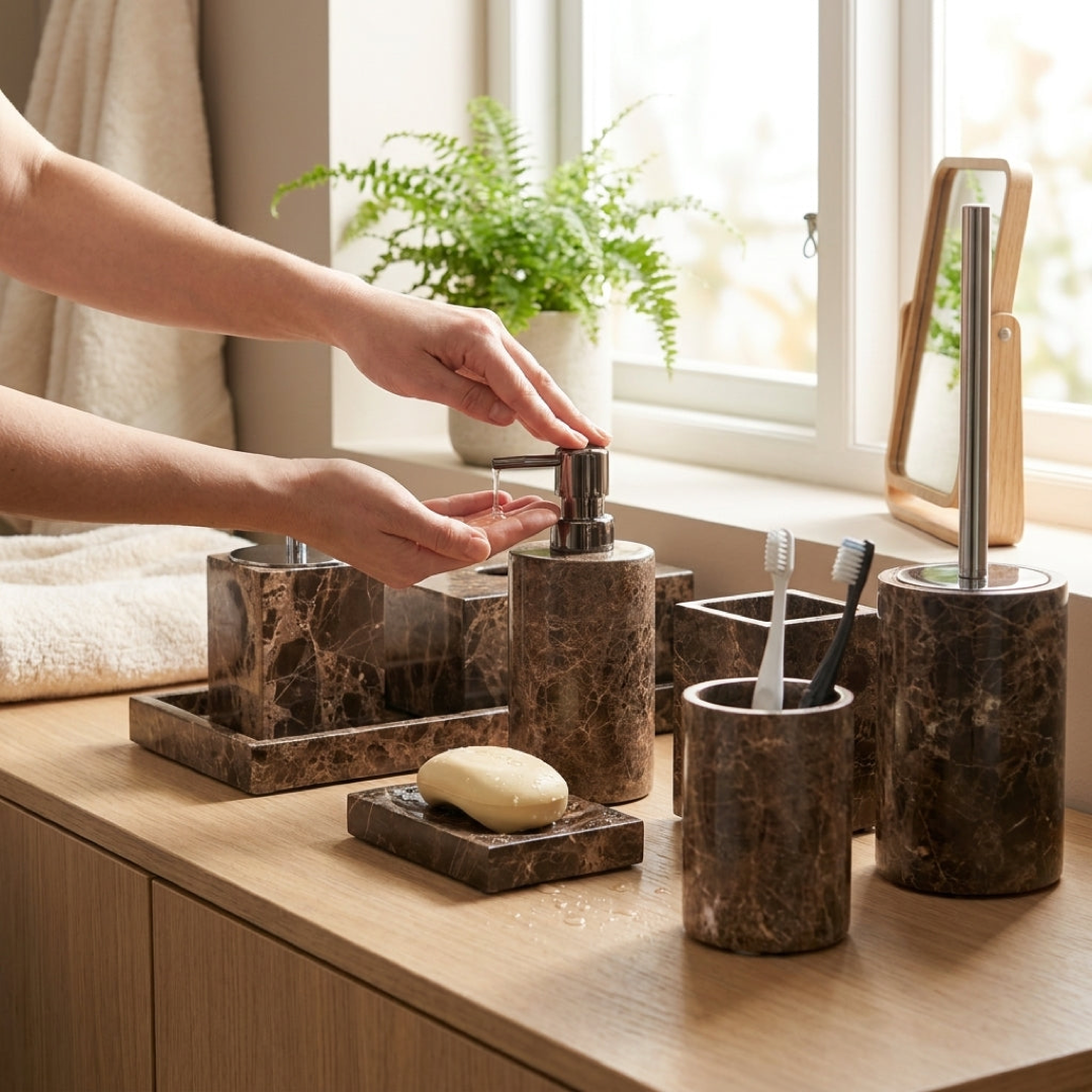 Dark Marble Vanity Set for Clutter-Free Countertops