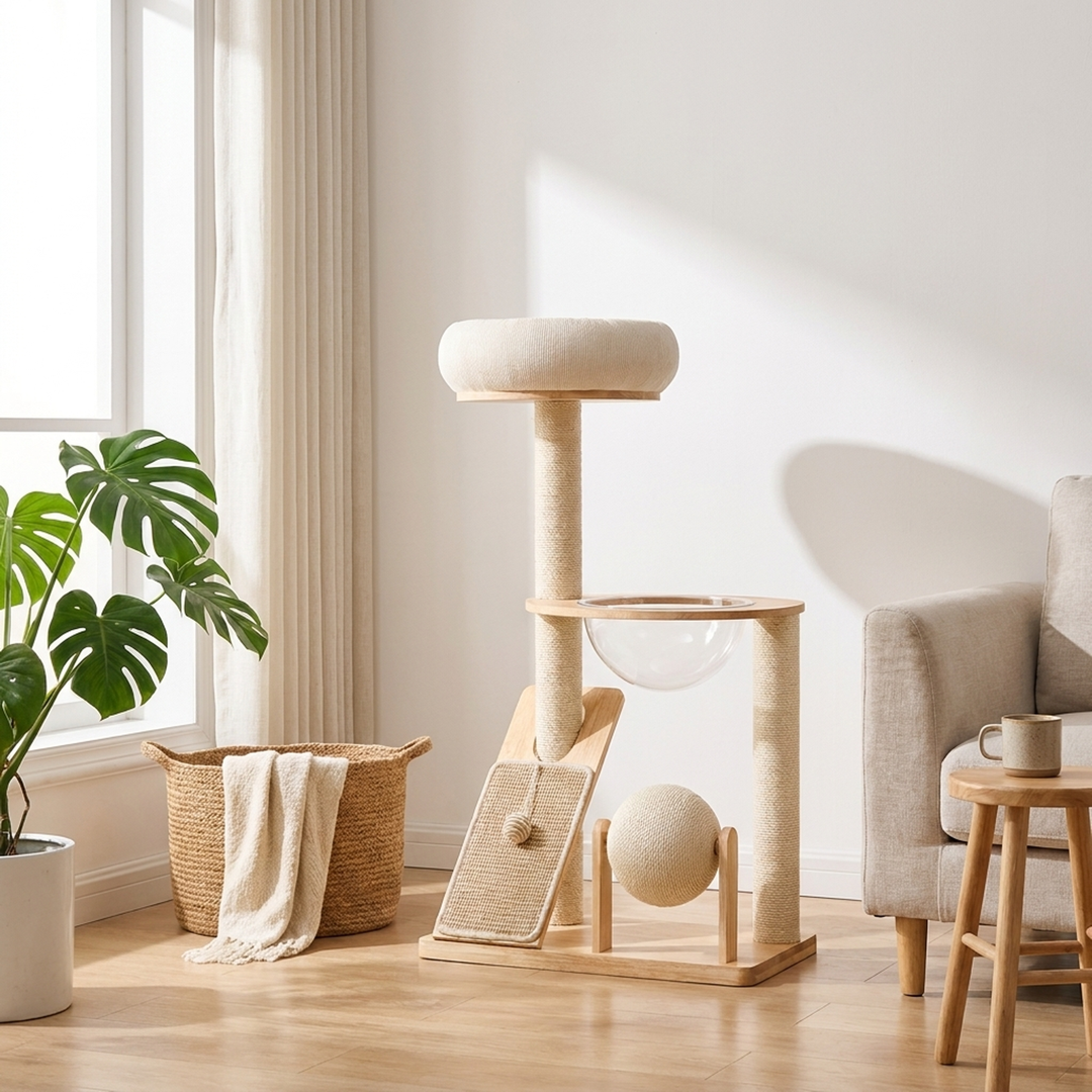 Natural Wood Cat Tower for Active Indoor Play