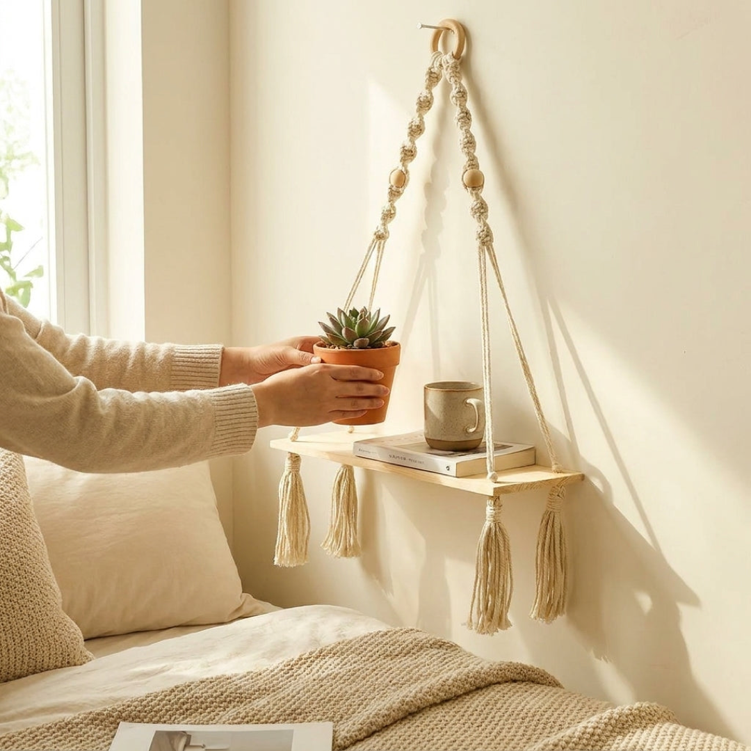 Boho Macrame Wall Shelf for Stylish Storage