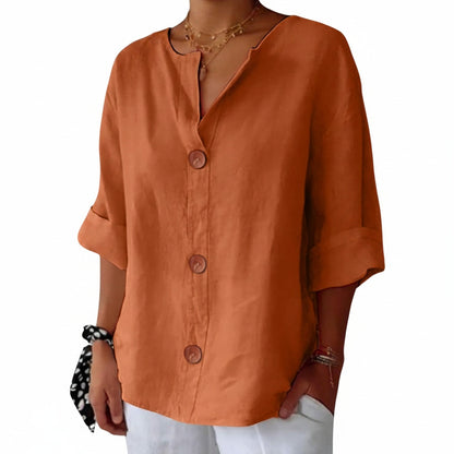 Women's Blouse Three-Quarter Sleeves with V-Neck and Button Fastening
