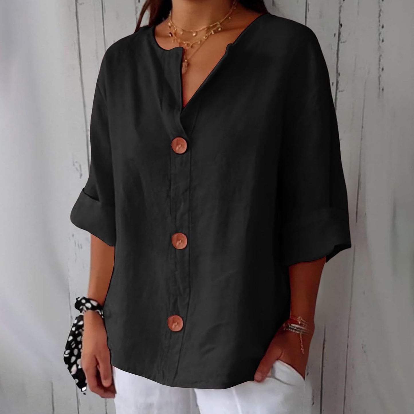 Women's Blouse Three-Quarter Sleeves with V-Neck and Button Fastening