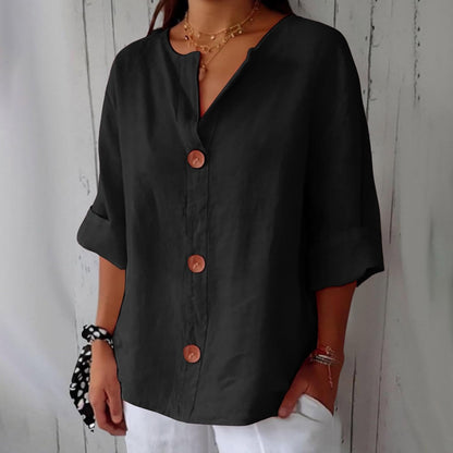 Women's Blouse Three-Quarter Sleeves with V-Neck and Button Fastening