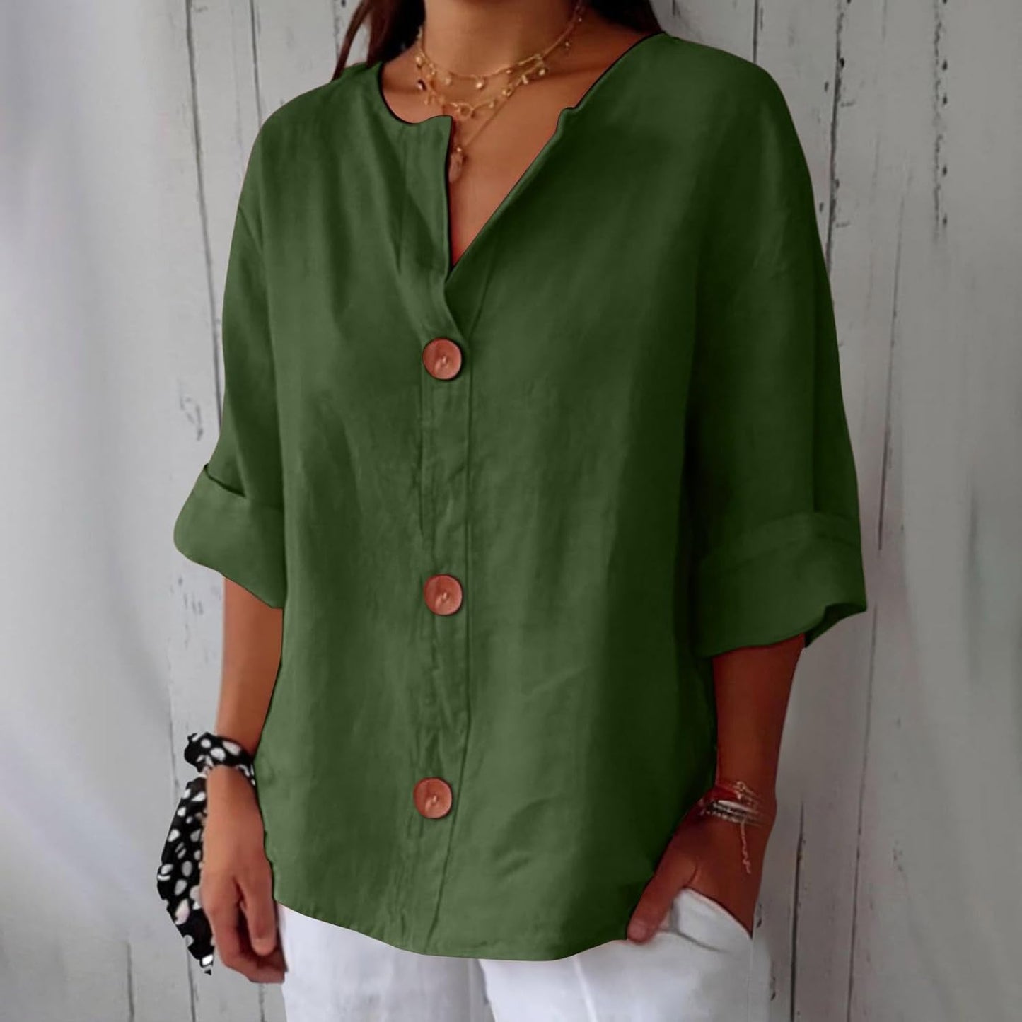 Women's Blouse Three-Quarter Sleeves with V-Neck and Button Fastening