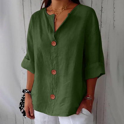 Women's Blouse Three-Quarter Sleeves with V-Neck and Button Fastening