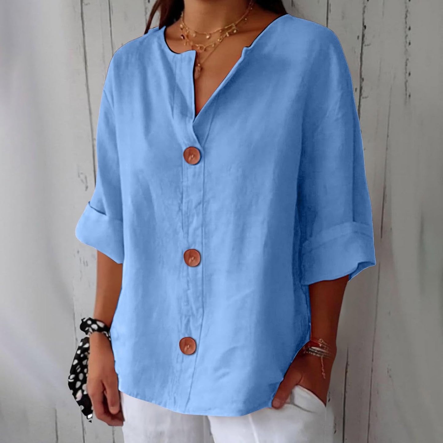 Women's Blouse Three-Quarter Sleeves with V-Neck and Button Fastening