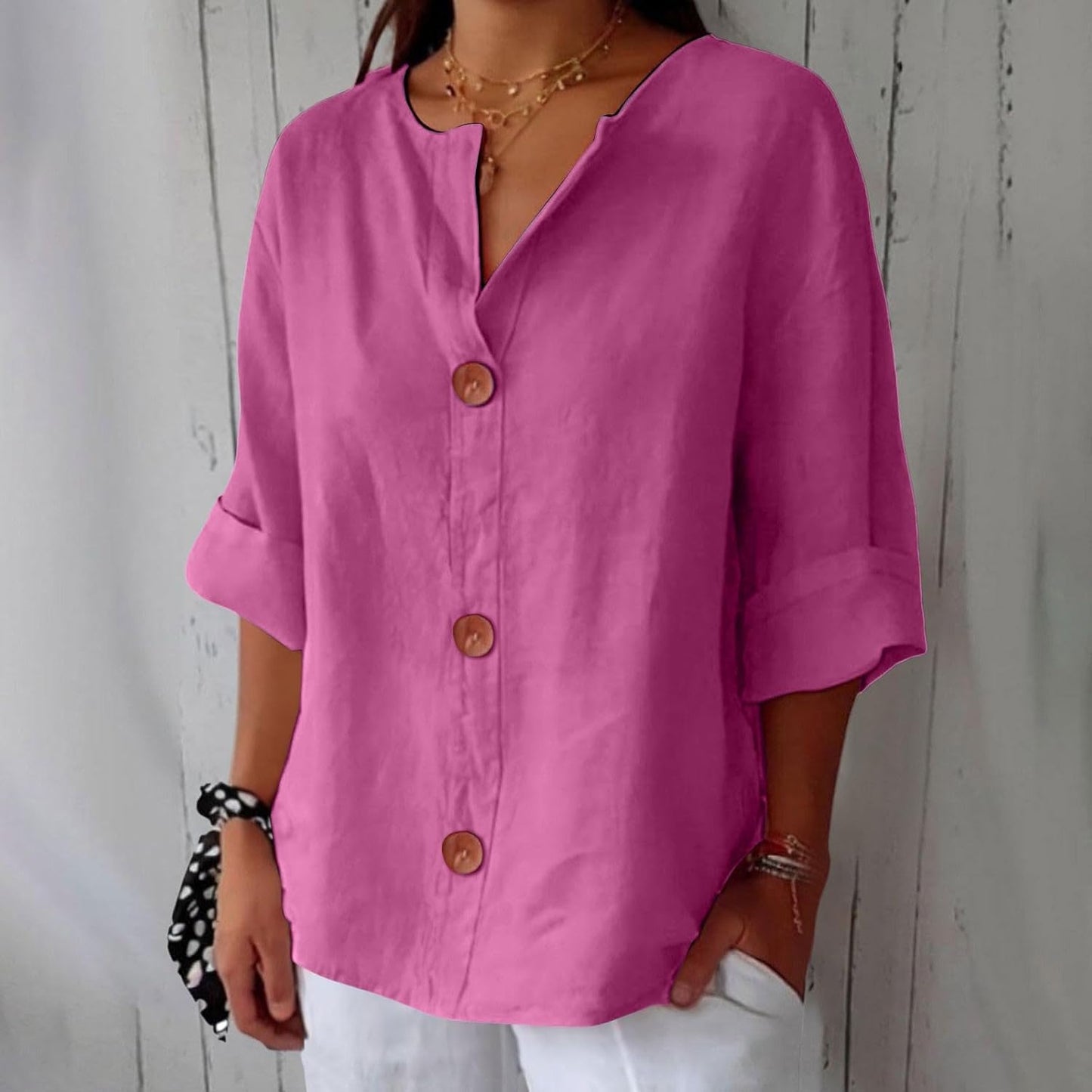 Women's Blouse Three-Quarter Sleeves with V-Neck and Button Fastening