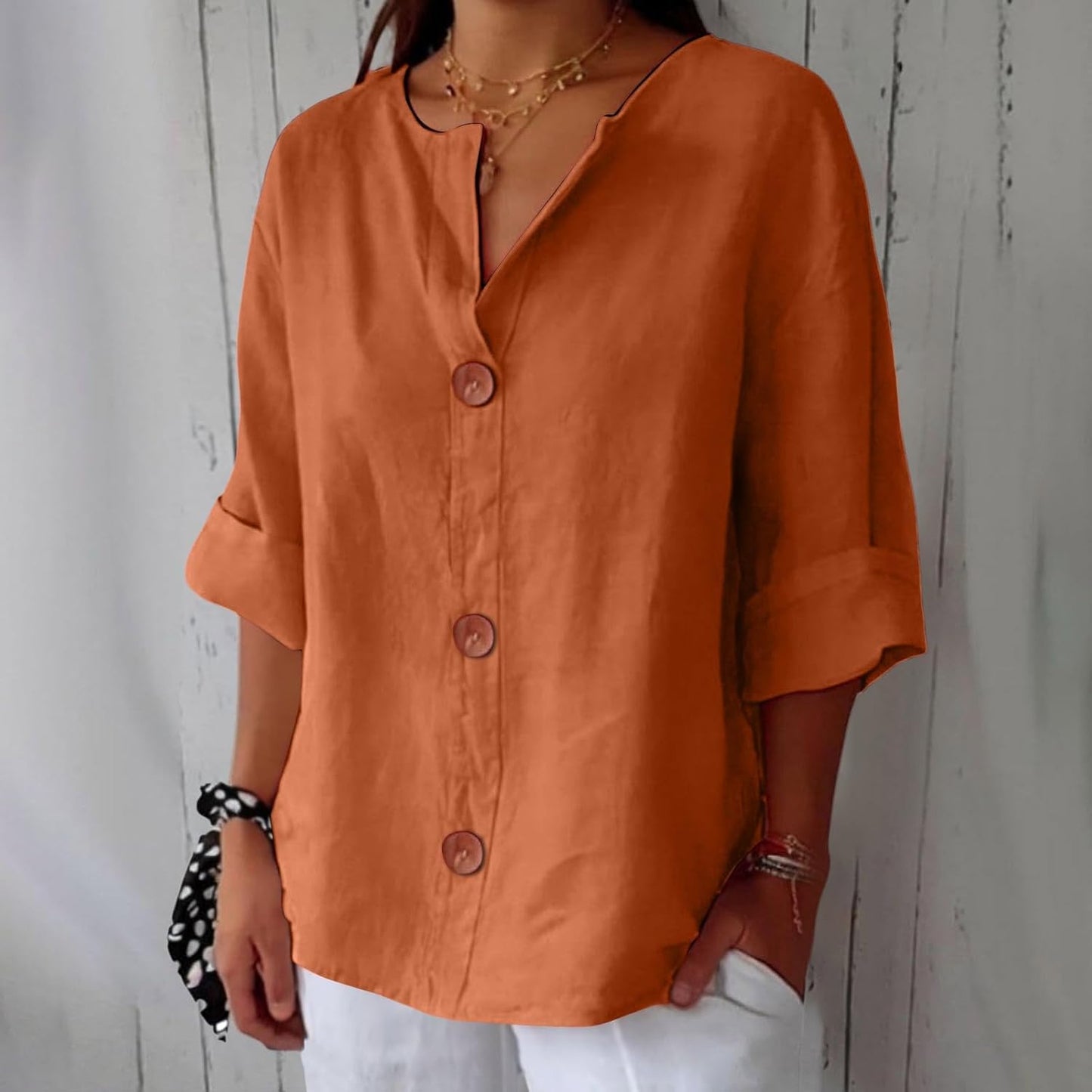 Women's Blouse Three-Quarter Sleeves with V-Neck and Button Fastening