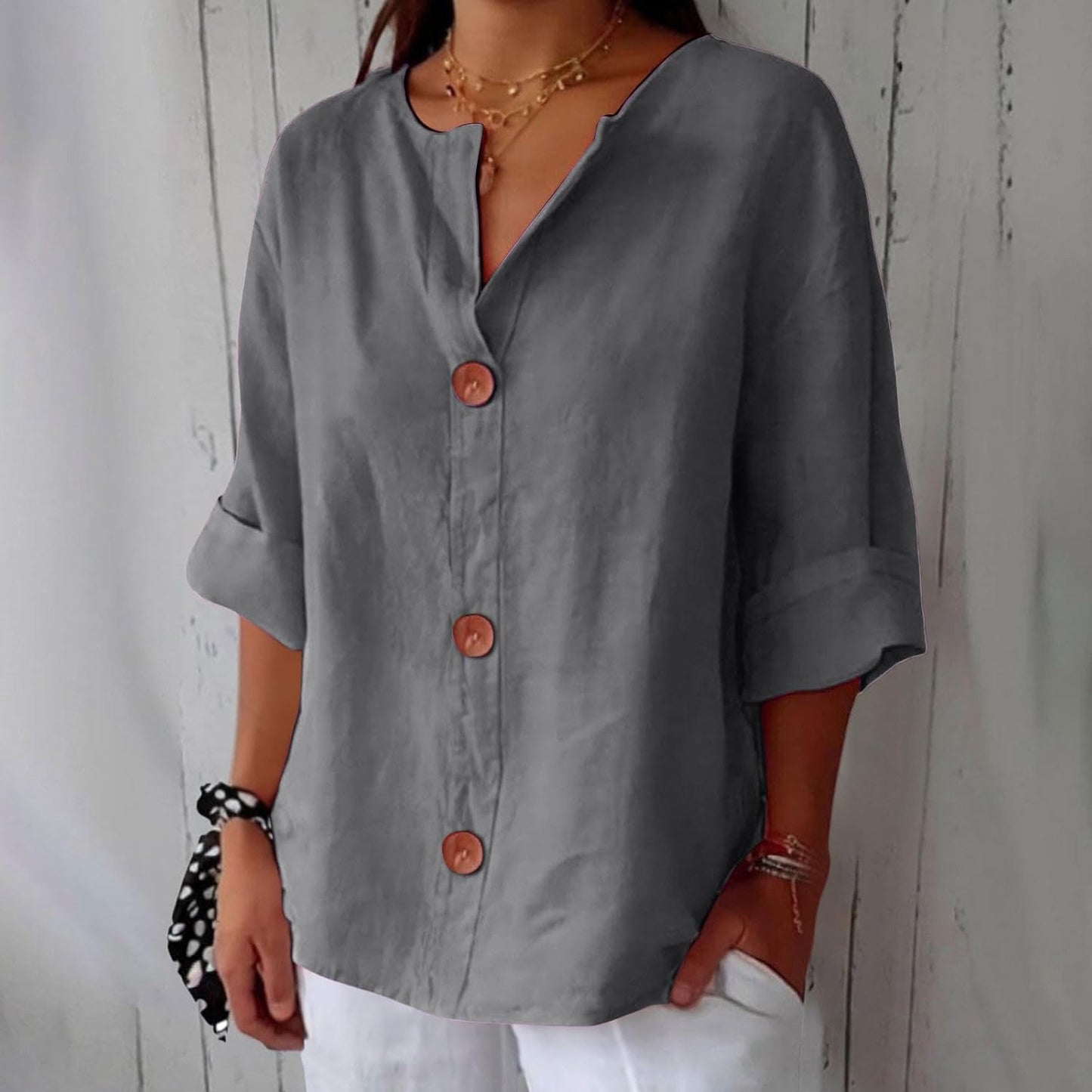 Women's Blouse Three-Quarter Sleeves with V-Neck and Button Fastening