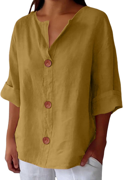Women's Blouse Three-Quarter Sleeves with V-Neck and Button Fastening