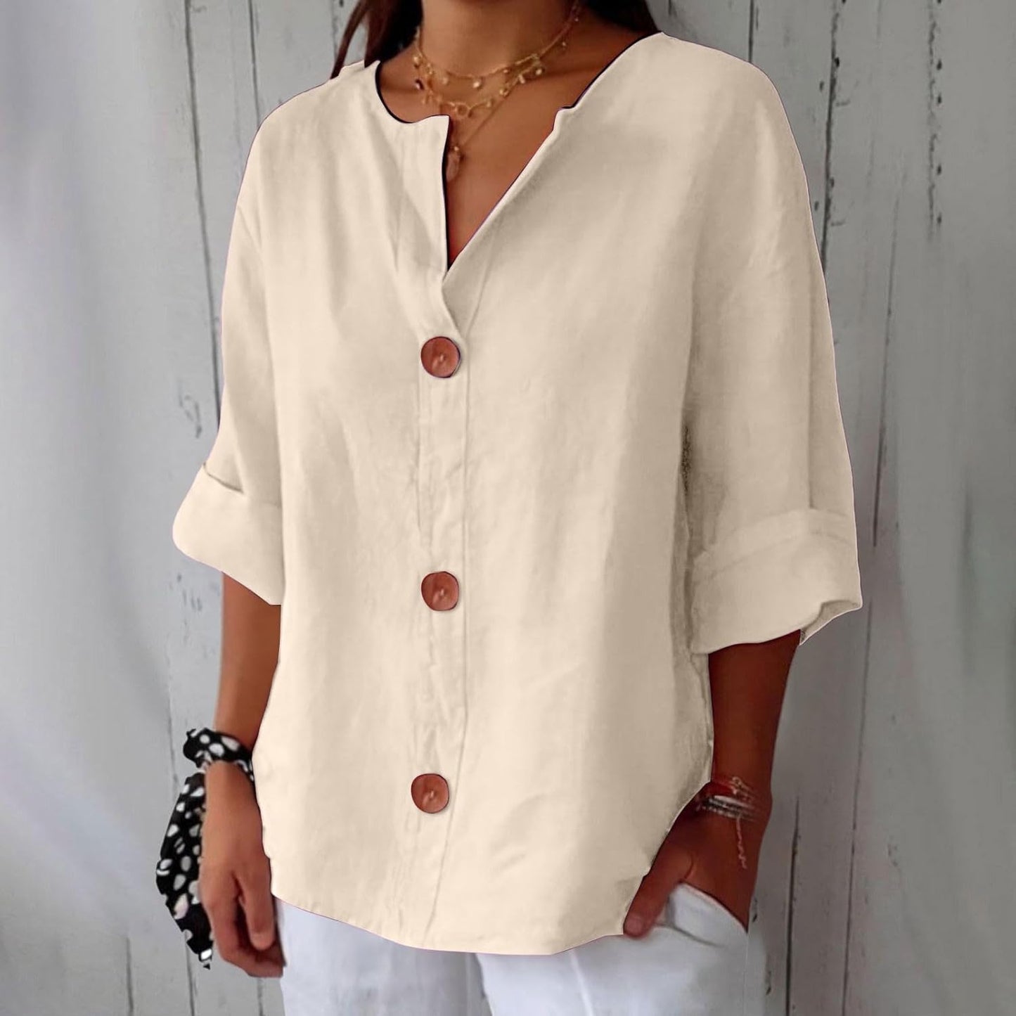 Women's Blouse Three-Quarter Sleeves with V-Neck and Button Fastening