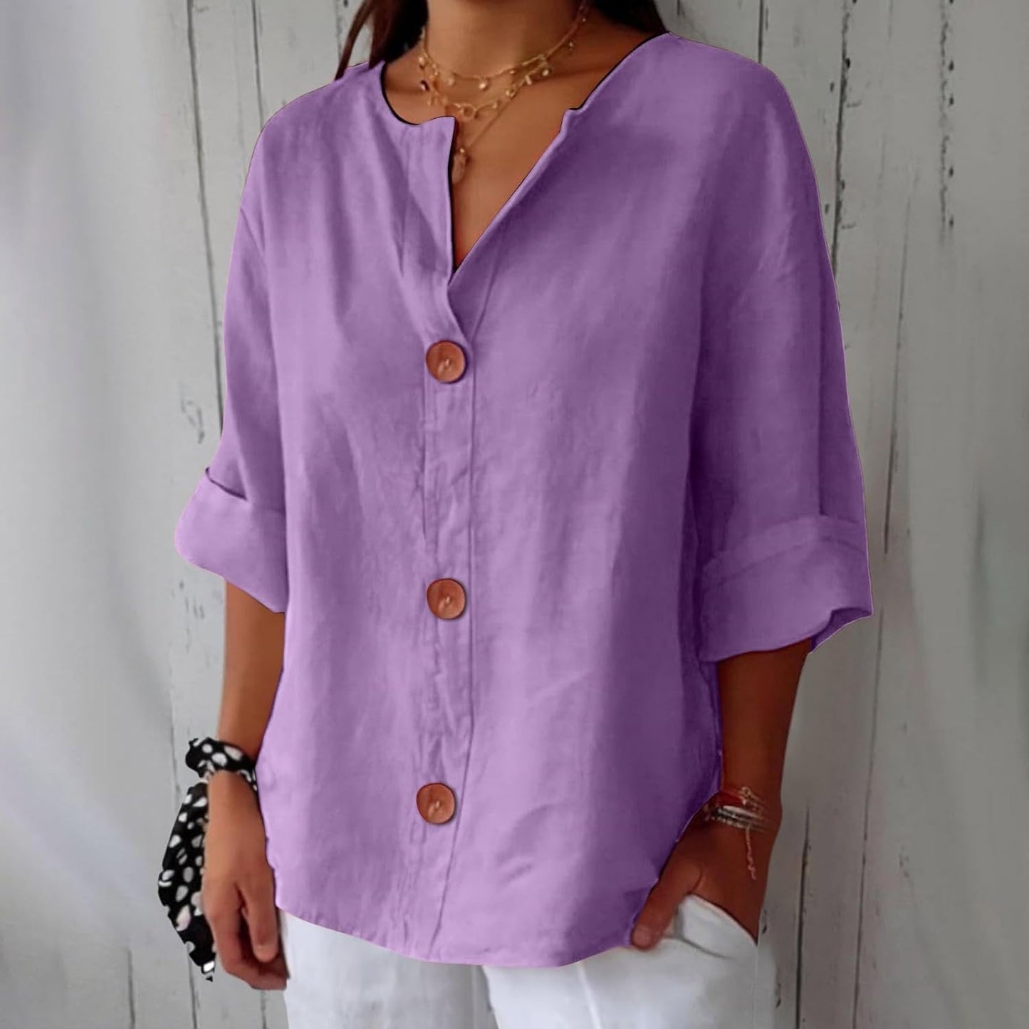 Women's Blouse Three-Quarter Sleeves with V-Neck and Button Fastening