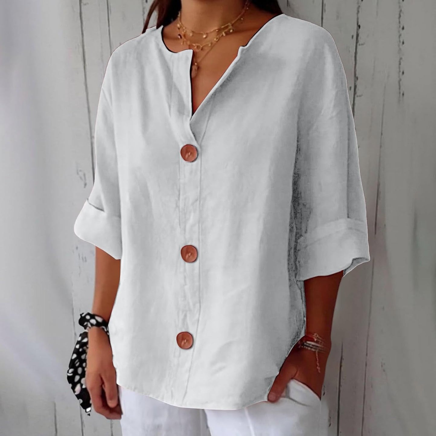 Women's Blouse Three-Quarter Sleeves with V-Neck and Button Fastening