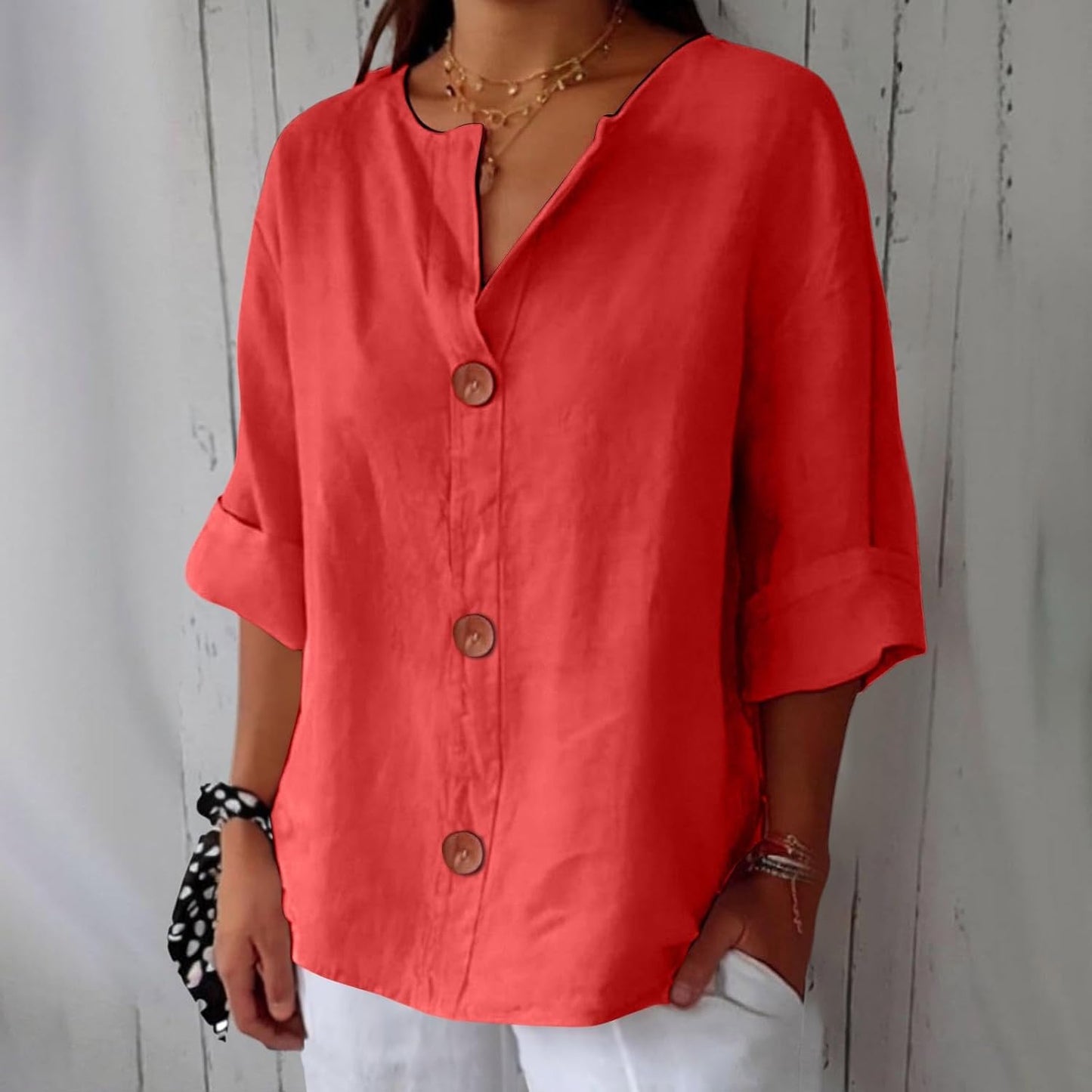 Women's Blouse Three-Quarter Sleeves with V-Neck and Button Fastening