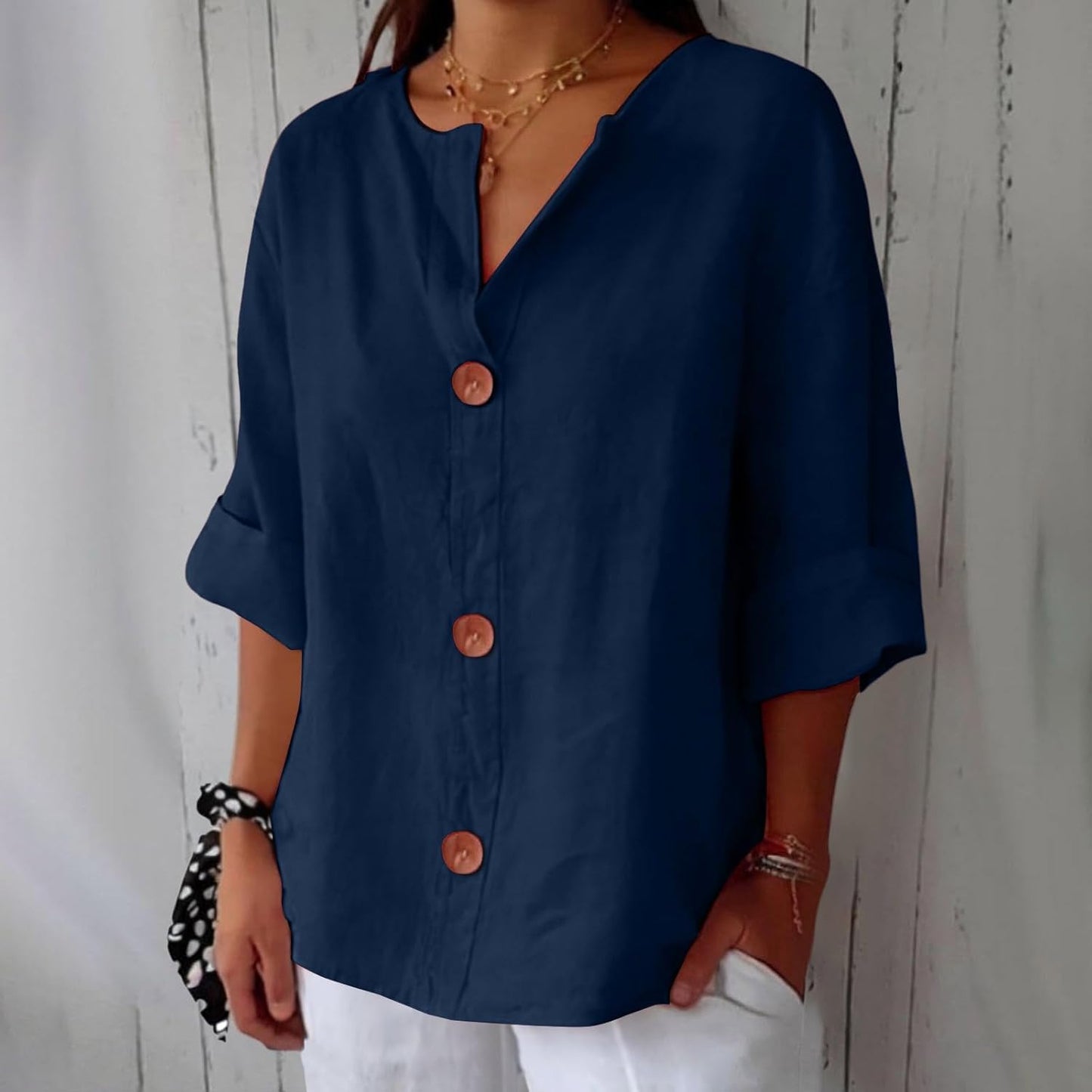Women's Blouse Three-Quarter Sleeves with V-Neck and Button Fastening