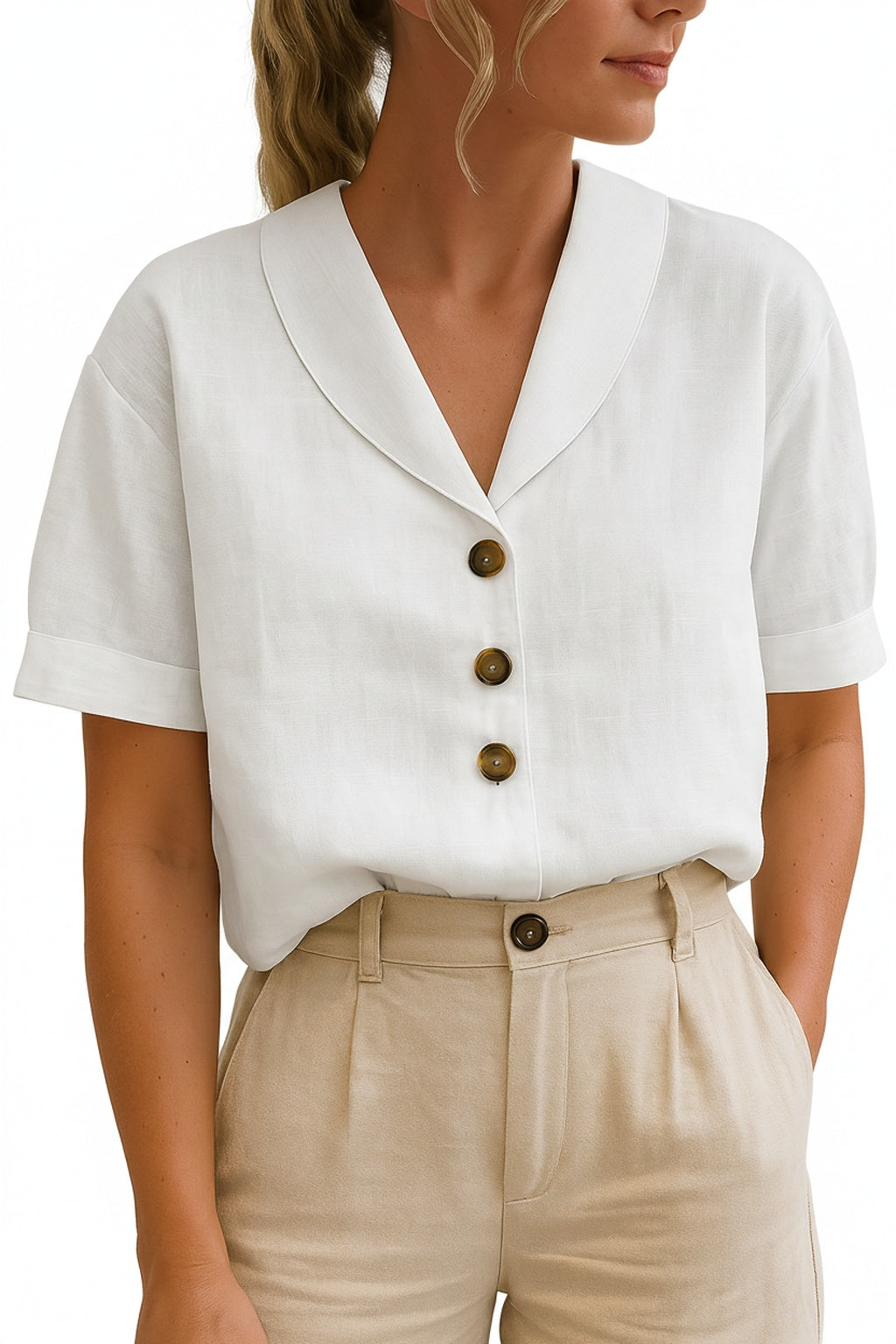 Women's Short-Sleeve Blouse with Shawl Collar and Button Fastening