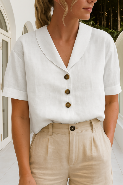 Women's Short-Sleeve Blouse with Shawl Collar and Button Fastening