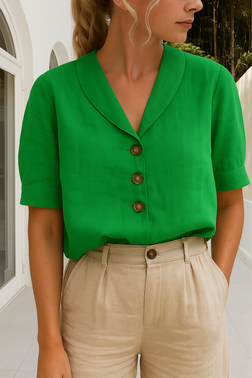 Women's Short-Sleeve Blouse with Shawl Collar and Button Fastening