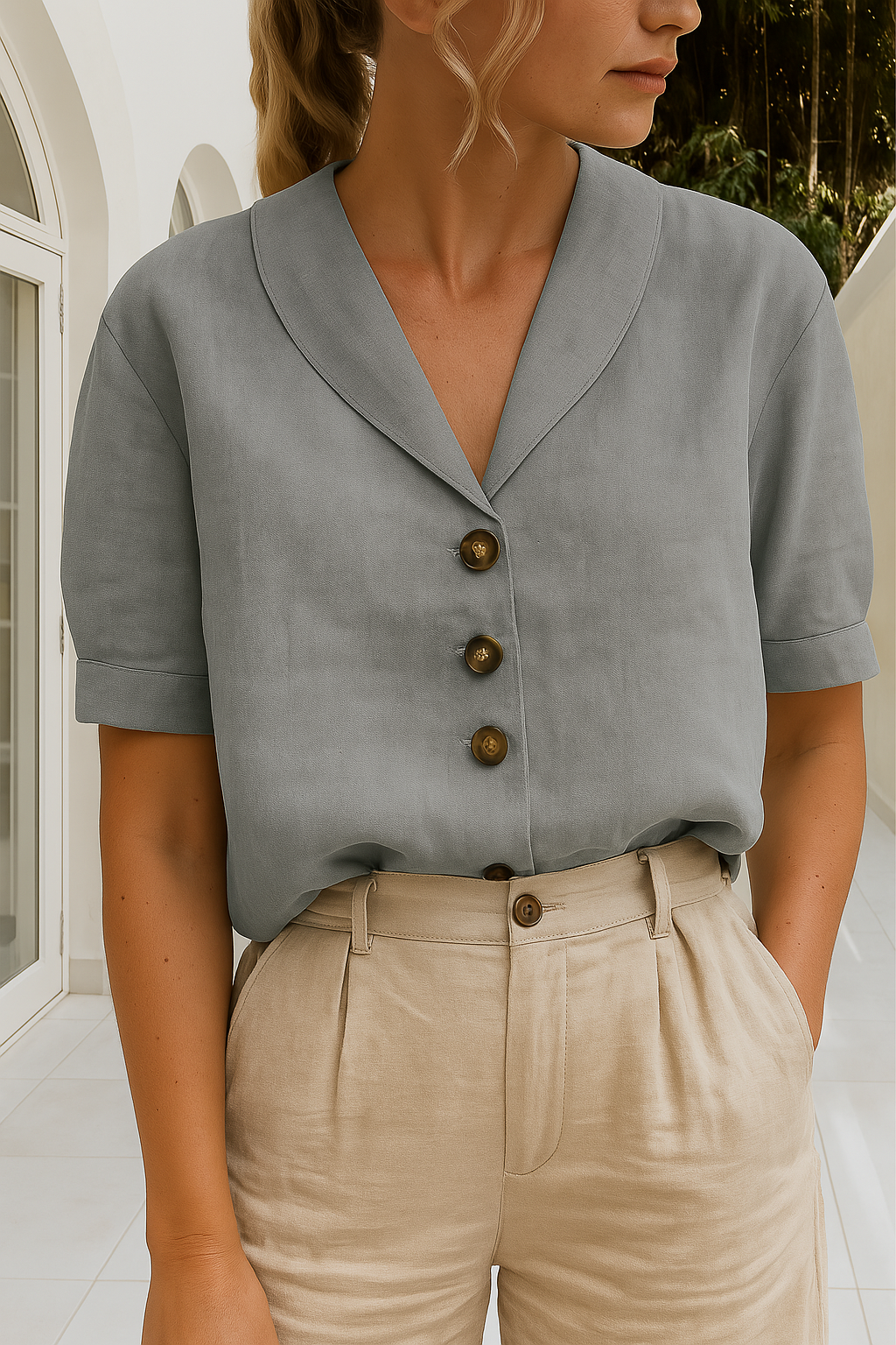 Women's Short-Sleeve Blouse with Shawl Collar and Button Fastening