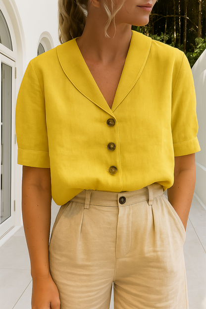Women's Short-Sleeve Blouse with Shawl Collar and Button Fastening