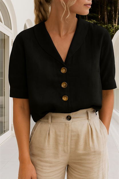 Women's Short-Sleeve Blouse with Shawl Collar and Button Fastening