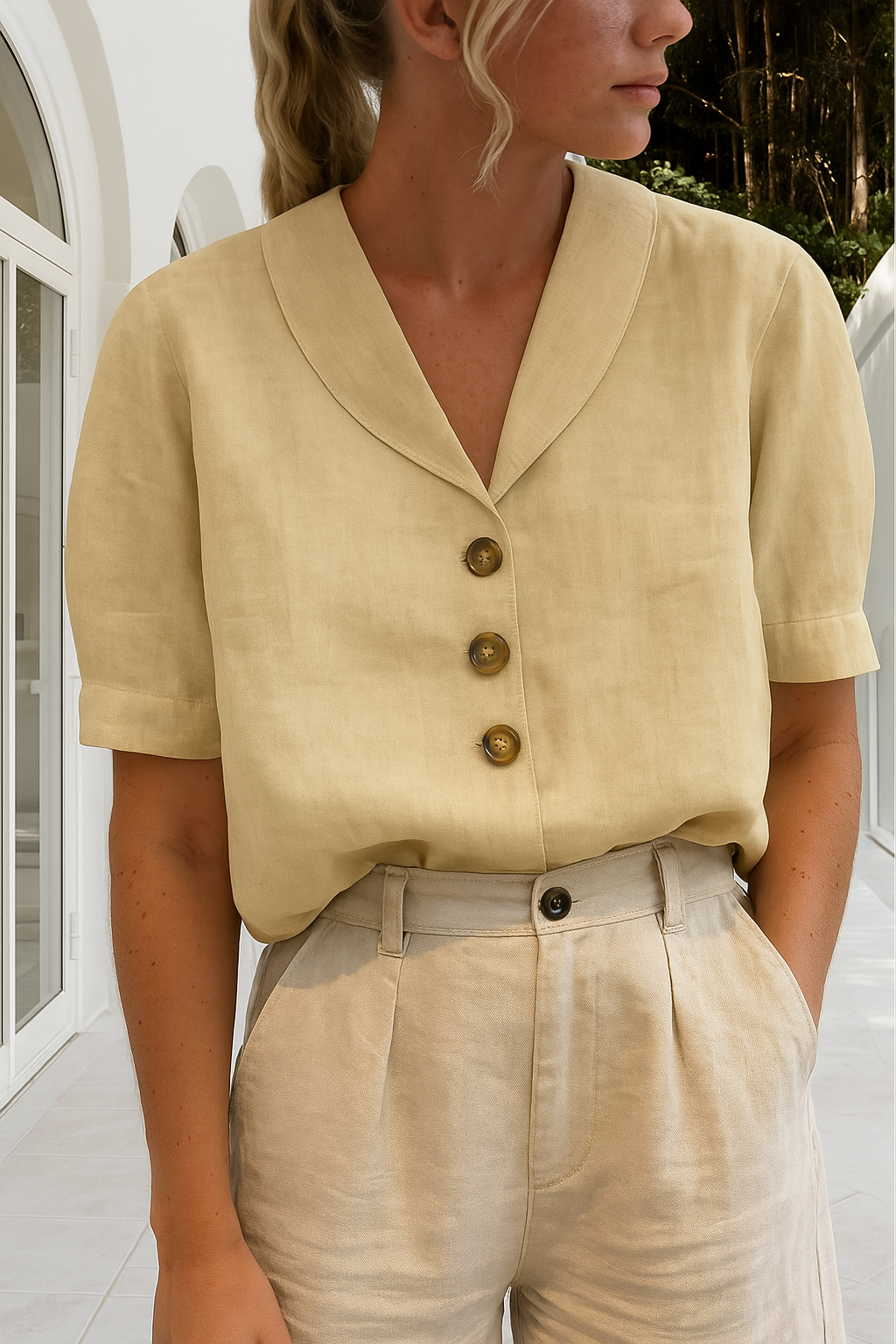 Women's Short-Sleeve Blouse with Shawl Collar and Button Fastening