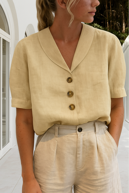 Women's Short-Sleeve Blouse with Shawl Collar and Button Fastening