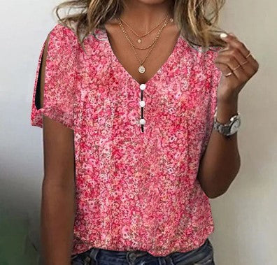 Women's Short-Sleeve Blouse with V-Neck and Floral Print