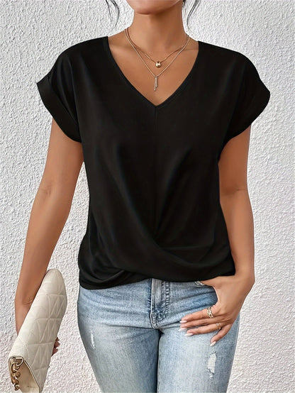 Women's Short-Sleeve Blouse with V-Neck and Crossed Pleat