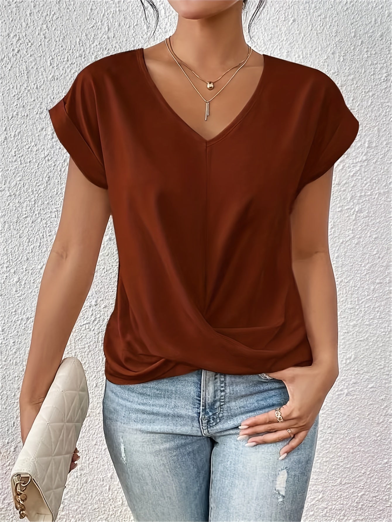 Women's Short-Sleeve Blouse with V-Neck and Crossed Pleat